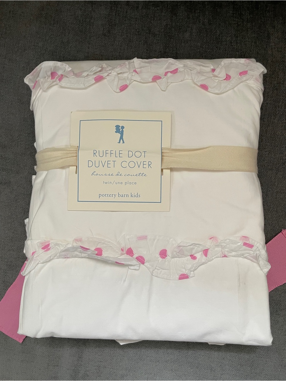 NWT Pottery Barn Kids White Twin Sz Duvet Cover with Pink Ruffle Dots